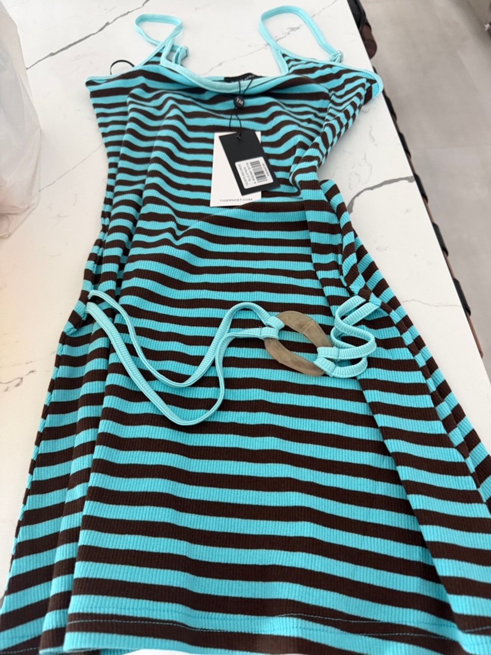 Tiger Mist Celeste Turquoise and Black Striped Mini Dress
